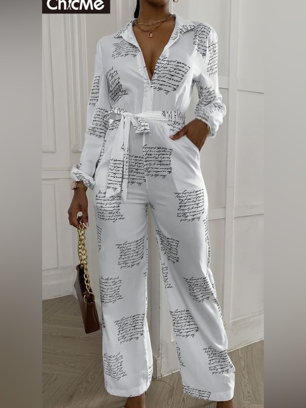 NWOT CHICME White Script-Print Wide Leg High Waist Jumpsuit Tie Belt, Size XL